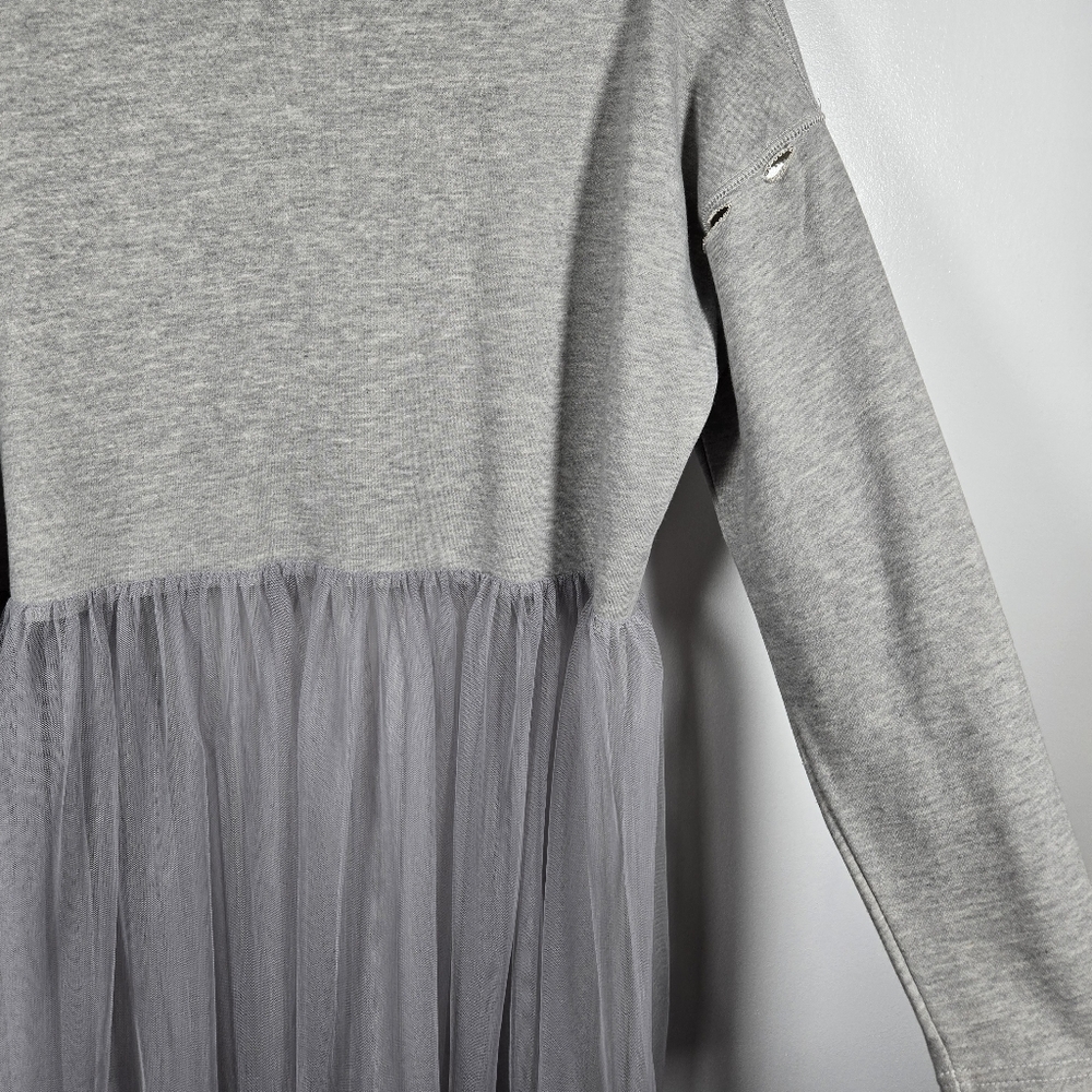 JCL Paris Gray Distressed Sweatshirt w/ Sheer Tulle Overlay Dress Size S/M - Picture 7 of 15